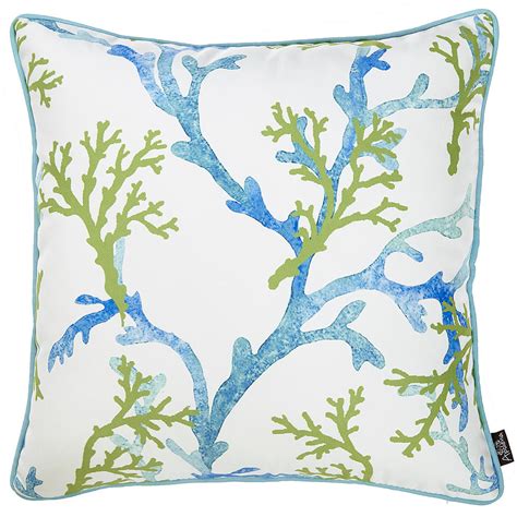 Square White Blue Green Coral Decorative Throw Pillow Cover