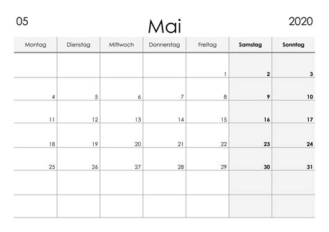 Kalender Mai 2020 Kleine Ziffern Im Querformat Kalendersu