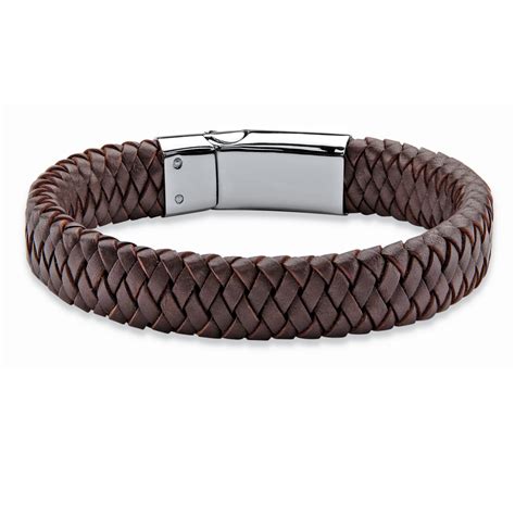 Mens Brown Braided Leather And Stainless Steel Bracelet With Magnetic