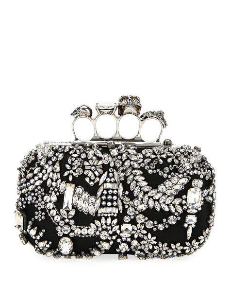 Alexander Mcqueen Four Ring Jeweled Skull Clutch Bag In Black Lyst