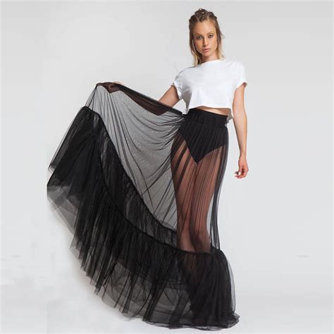 2018 New Design One Layer Black Sexy Maxi Prom Skirt See Through Women