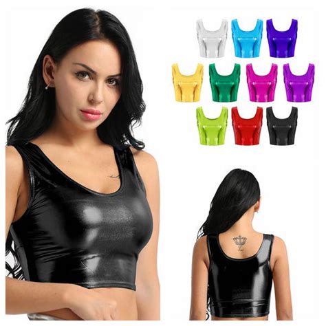 Buy Women Girls Dancing Clothing Shiny Metallic Scoop Neck Tank Crop