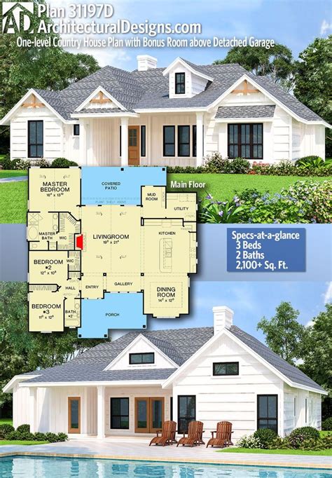 Plan 31197d One Level Country House Plan With Bonus Room Above Detached Garage House Plans