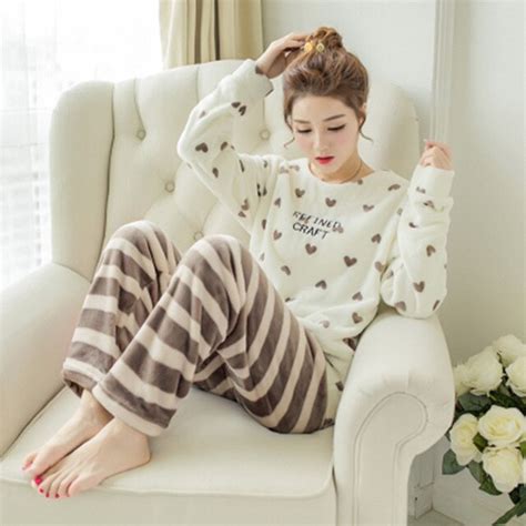Pajamas Women Winter Thick Coral Fleece Round Neck Cartoon Cute Long