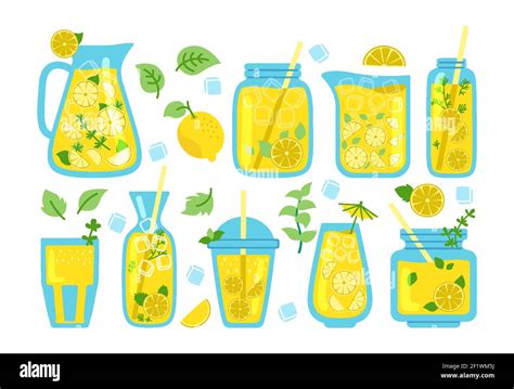 Lemonade In Jar Mint Cocktails Cartoon Set Pitcher Drinks With Straw Lemon Slice Tropic