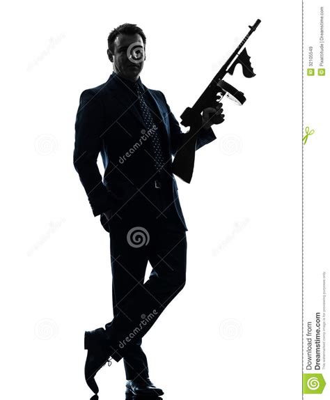 Gangster Man Holding Thompson Machine Gun Silhouette Stock Image