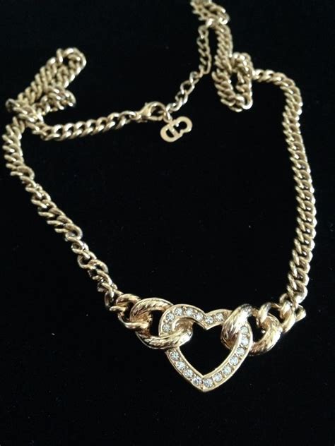 Christian Dior Gold Tone Rhinestone Heart Necklace Rhinestone Heart