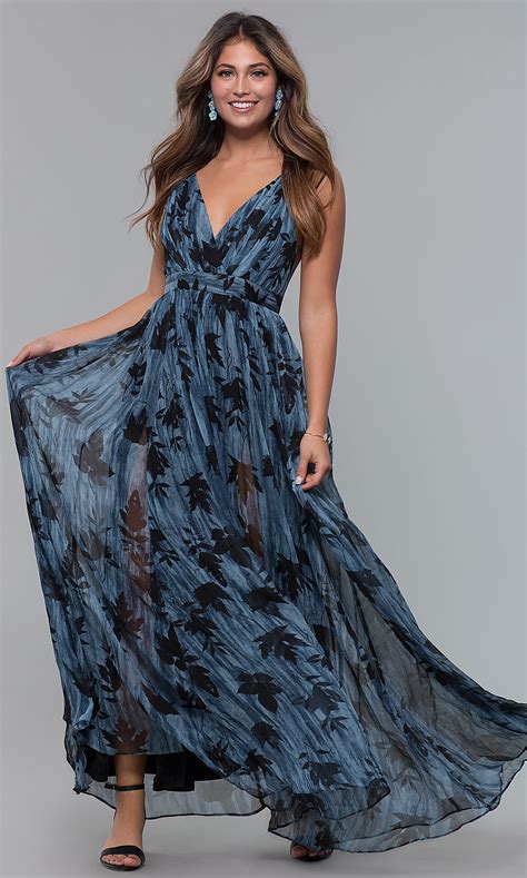 Looking for a great dress to wear to a wedding? Chiffon Print Long V-Neck Wedding-Guest Dress