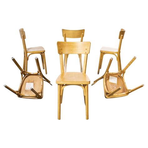 1950s French Baumann Blonde Beech Bentwood Dining Chairs Set Of Six