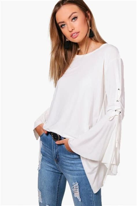 Milly Lace Up Flare Sleeve Top Boohoo Uk Flared Sleeves Top Tops Flared Sleeves