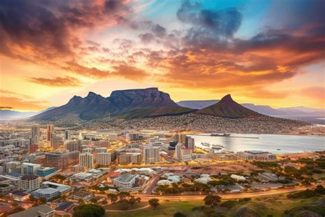 Sunset Over Table Mountain And Downtown Cape Town South Africa Aerial
