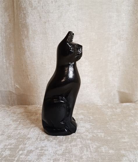 Wood Black Cat Figure Hand Carved Wooden Cat Vintage Cat Altar Decor