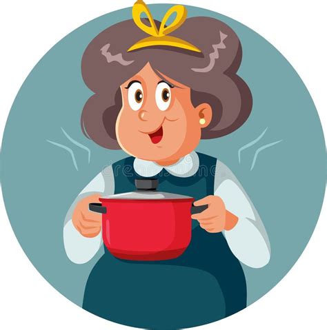 Happy Granny Holding Cooking Pot Vector Cartoon Illustration Stock