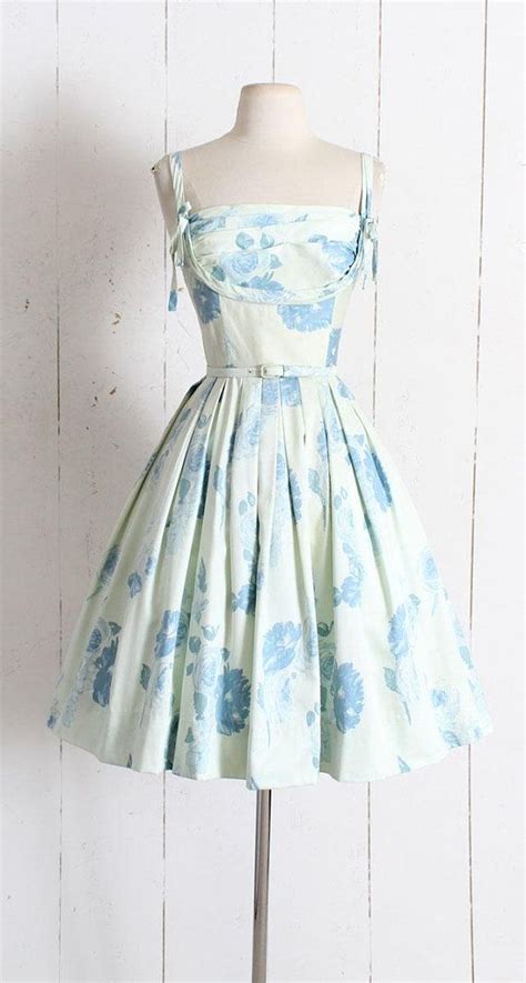 Vintage 1950s Dress Vintage 50s Blue Rose Print Brushed Etsy