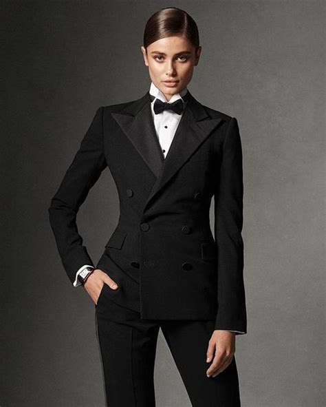 Women Custom Made Black Double Breasted 2pc Business Tuxedo Suit Satin