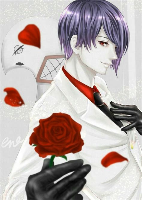 A Man With Purple Hair And Black Gloves Holding A Red Rose In His Right