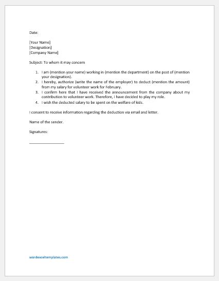 Authorization Letter To Deduct From Salary Word And Excel Templates