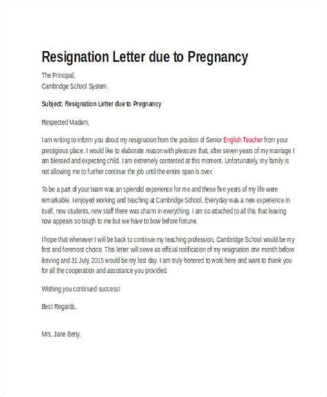 Resignation Letter Sample Due To Pregnancy