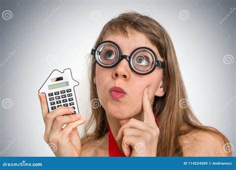 Funny Geek Or Nerd School Woman With Calculator Stock Image Image Of