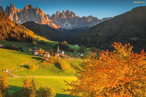 Tapety Zdjęcia Drzewa Dolomity Góry Dolina Val Di Funes Włochy