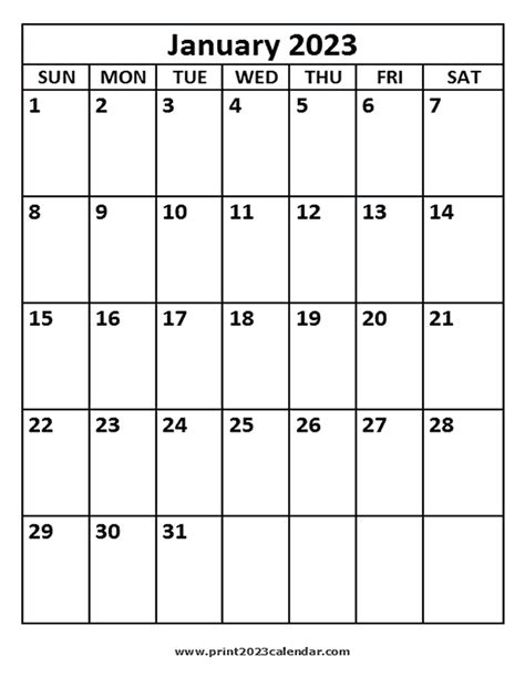 2023 January Calendar Printable