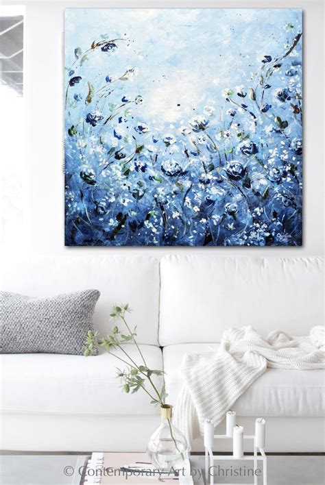 Giclee Print Art Abstract Floral Flower Painting Blue White Canvas Art