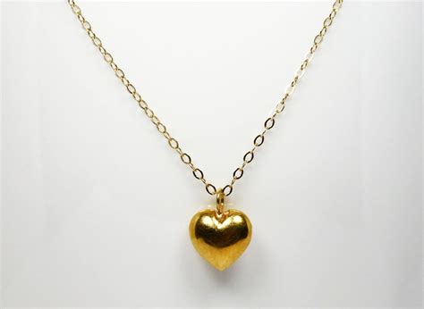 Gold Heart Pendant Gold Puffy Heart Necklace Karat Gold Etsy