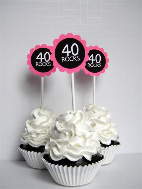 40 Rocks 40th Birthday Cupcake Toppers Hot Pink And Black Set Of 12