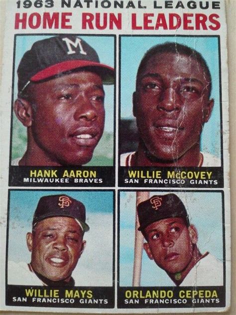 (photo by dave martin/getty images). Topps 1963 NL Home run Leaders. #9. Hank Aaron, Willie ...