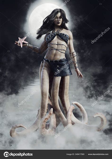 Fantasy Scene Woman Tentacles Instead Legs Standing Shore Sea Night