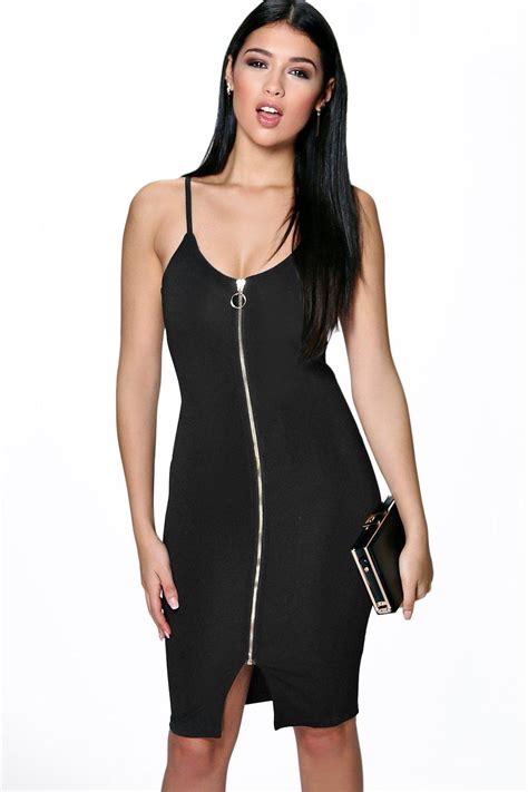 Boohoo Womens Helen Strappy Pull Zip Front Bodycon Dress Ebay