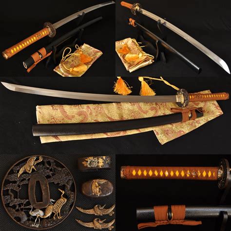 Hand Forged Japanese Samurai Sword Katana Folded Steel Blade Pine Crane