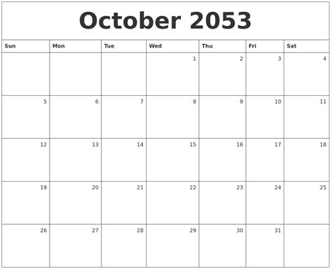 October 2053 Monthly Calendar