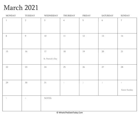 Editable Calendar March 2021 With Holidays Whatisthedatetodaycom
