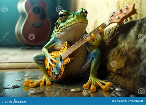 Frog Playing Guitar While Sitting On Rock Next To Guitar Generative Ai