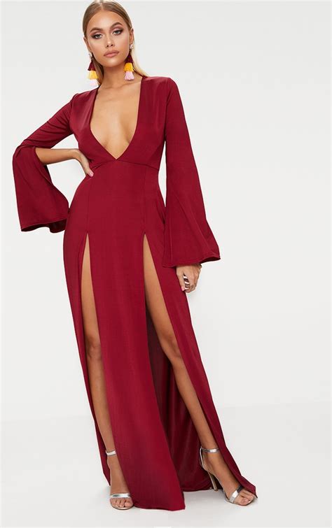 Burgundy Plunge Extreme Double Split Long Sleeve Maxi Dress Prettylittlething