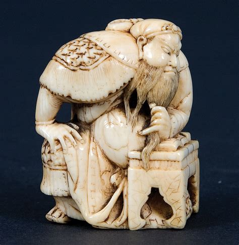 Netsuke, like the inro and ojime, evolved over time from being strictly utilitarian into objects of great artistic merit and an expression of extraordinary craftsmanship. An ivory netsuke. Mid-19th century, signed Tomotane. A ...
