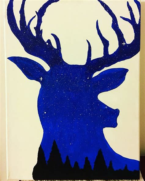 A Painting Of A Deers Head With Trees And Stars In The Sky Behind It