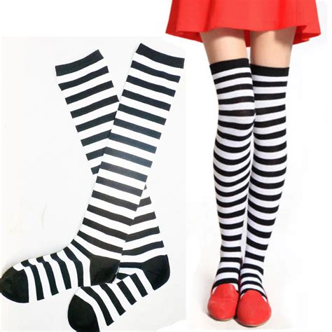 1pair Sexy Fashion Black White Striped Autumn Winter For Women Ladies Over The Knee Socks