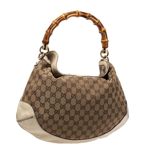 Gucci Beige Gg Canvas And Leather Peggy Bamboo Hobo At 1stdibs Gucci