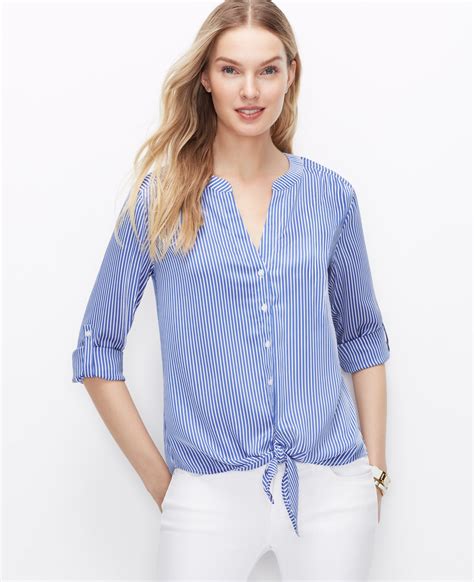 Ann Taylor Striped Tie Front Blouse In Blue Lyst