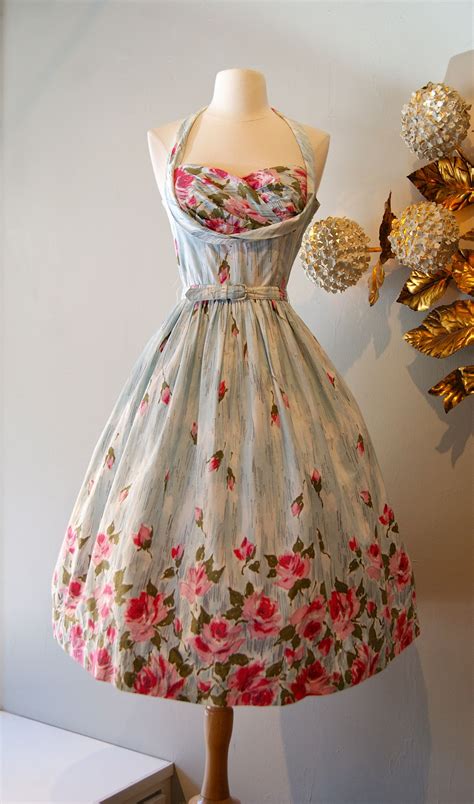 Vintage Dress 1950s Rose Print Halter Dress At Xtabay Xtabayvintage