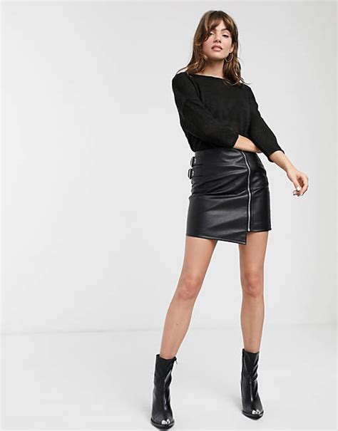 Asos Design Leather Look Mini Skirt With Zip And Buckles Asos