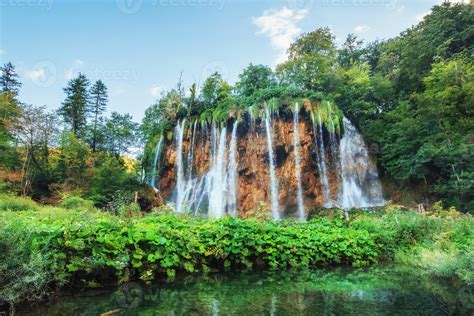 Waterfalls In National Park Falling Into Turquoise Lake Plitvice
