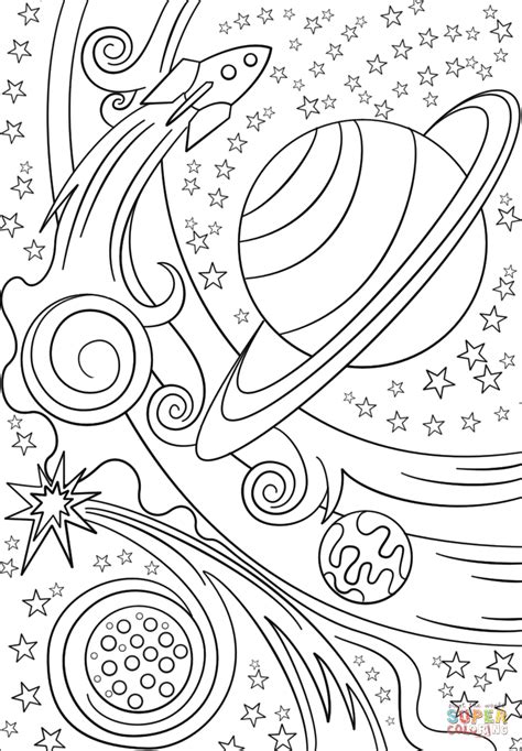 Is his room full of spaceships, & rockets posters? Trippy Space - Rocket and Planets coloring page | Free Printable Coloring Pages