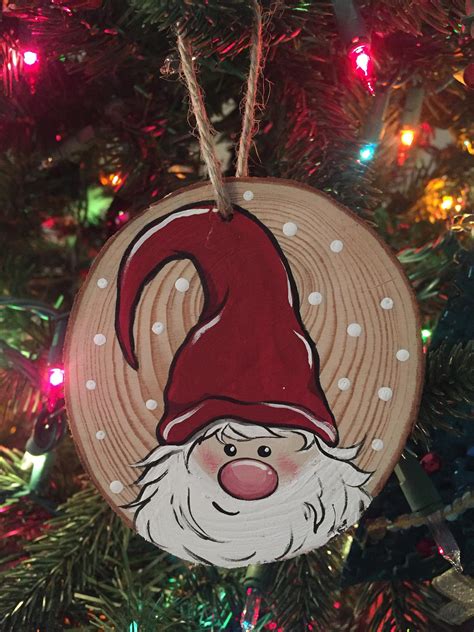 Hand Painted Gnome Santa Rustic Wood Slice Ornament By