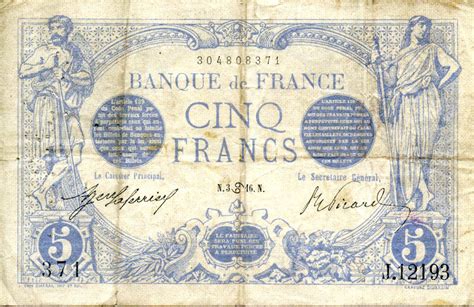 Banknote France 5 Francs Blue 03 06 1916 Serial J12193 Vf