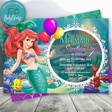 Editable Little Mermaid Ariel Princess Birthday Invitations Diy Bobotemp