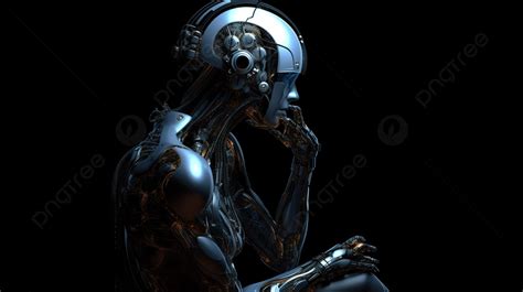 أنثى سايبورغ أو روبوت يتأمل في صورة ثلاثية الأبعاد على خلفية داكنة بشري سايبورغ روبوت ثلاثي