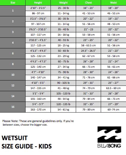 Billabong Wetsuit Size Chart The Wave Shack